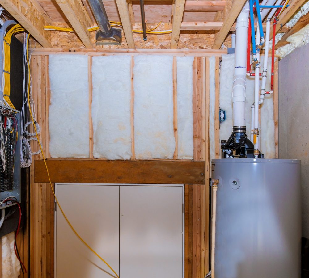 Boiler and pipes of the heating system a home framing with basement, control panel with wires wiring terminals in the electrical